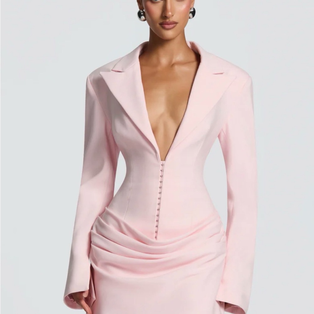 Women's Blush Pink Midi Dress with Tailored Blazer Bodice